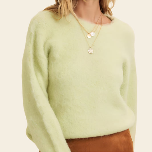 Fluffy Brushed Long-sleeved Round Neck Sweate: SAGE