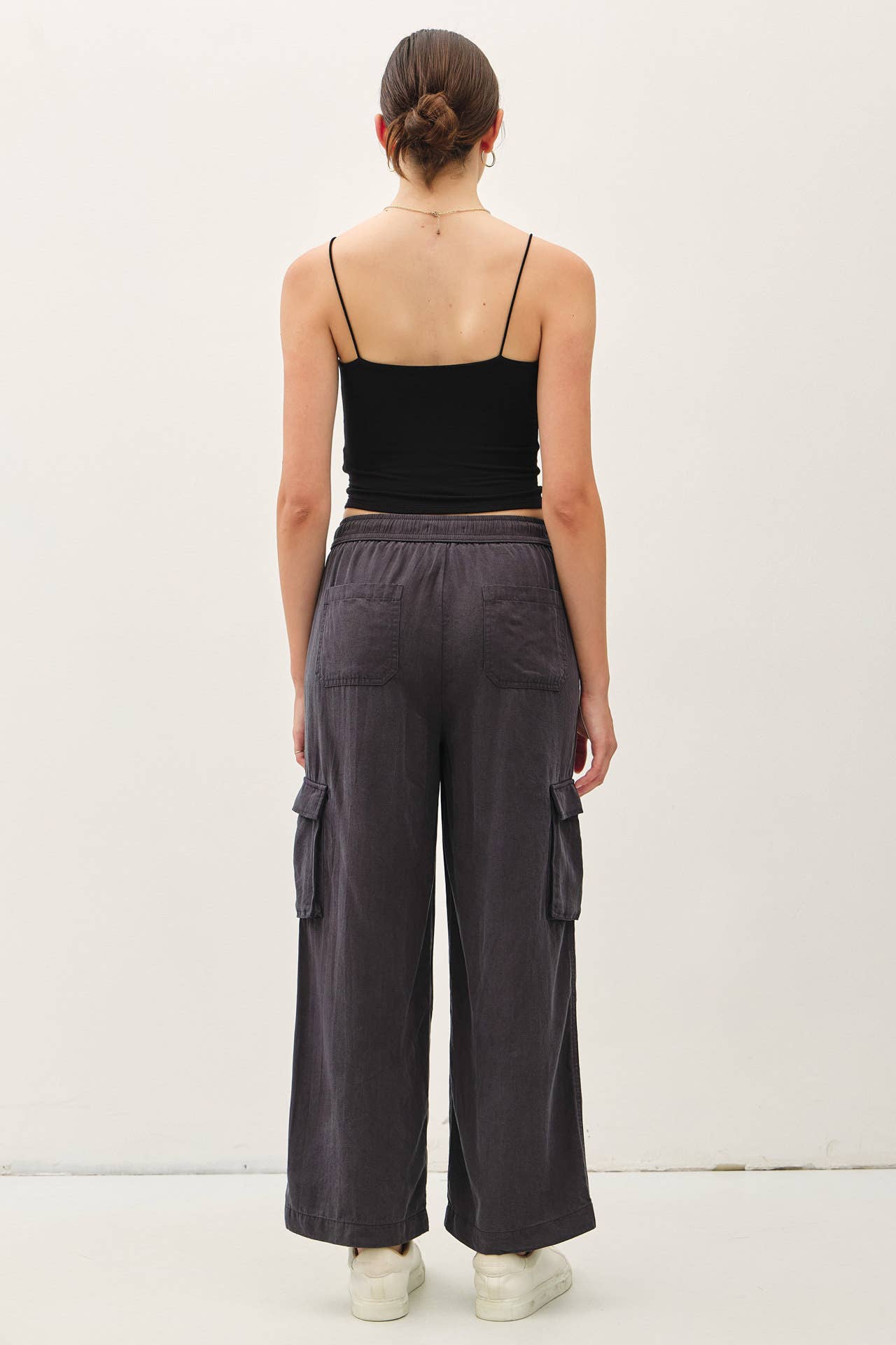 Tencel High Rise Drawstring Wide Leg Cargo Pant: