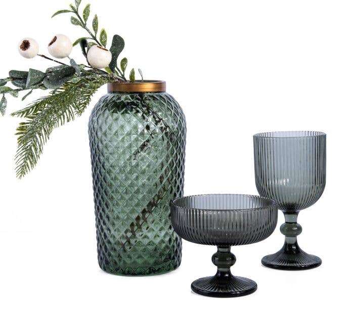 Olive Glass Flower Vase with Decorative Texture