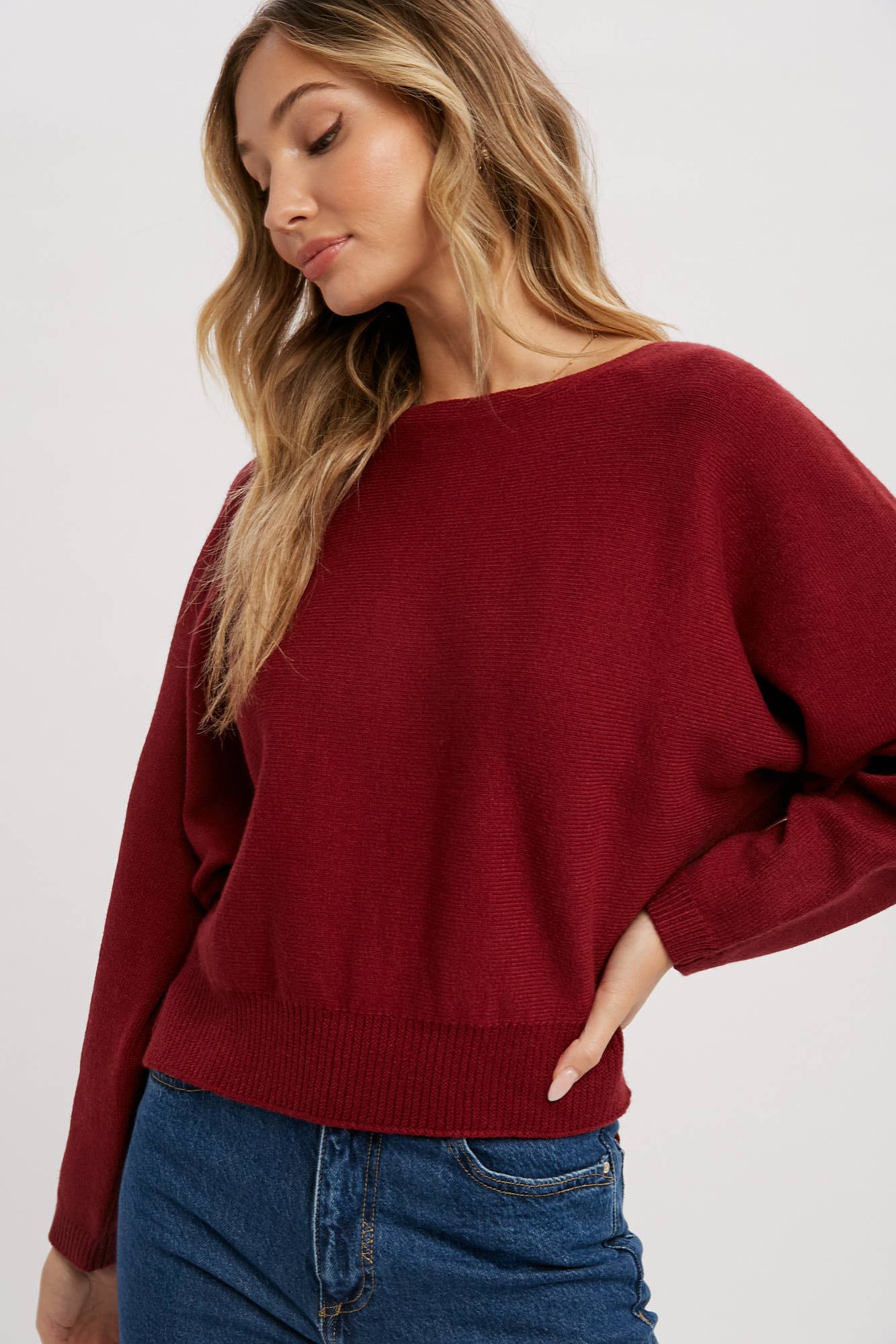 40% OFF- Boatneck Dolman Pullover: BURGUNDY