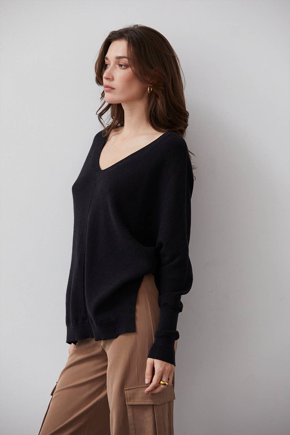 Monica V-neck Dolman Sweater Top: BLACK