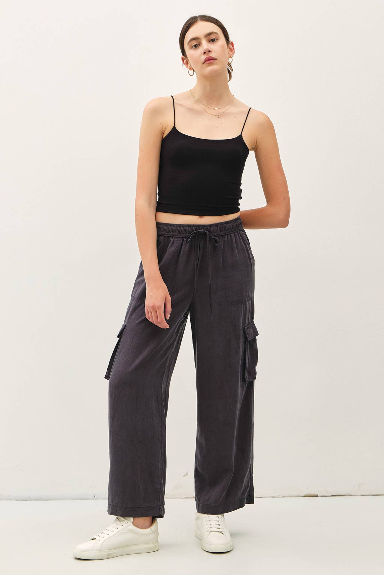 Tencel High Rise Drawstring Wide Leg Cargo Pant: