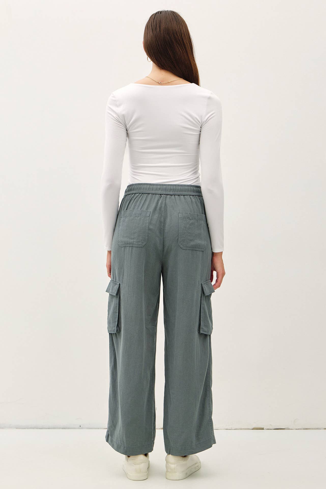 Tencel High Rise Drawstring Wide Leg Cargo Pant: