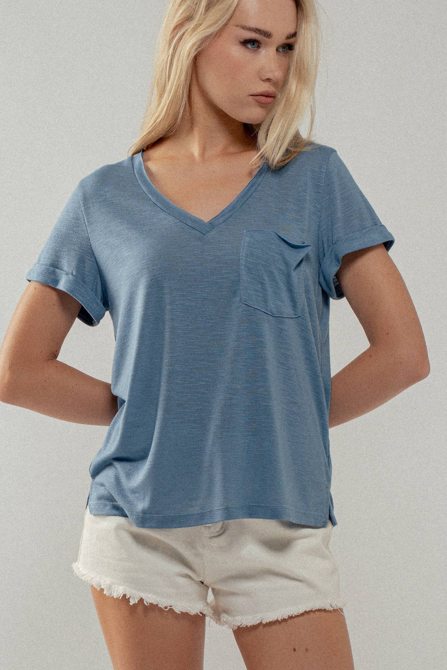 Urban Daizy - Rolled Sleeve V-Neck Pocket Tee: IVORY / S-2/M-2/L-2