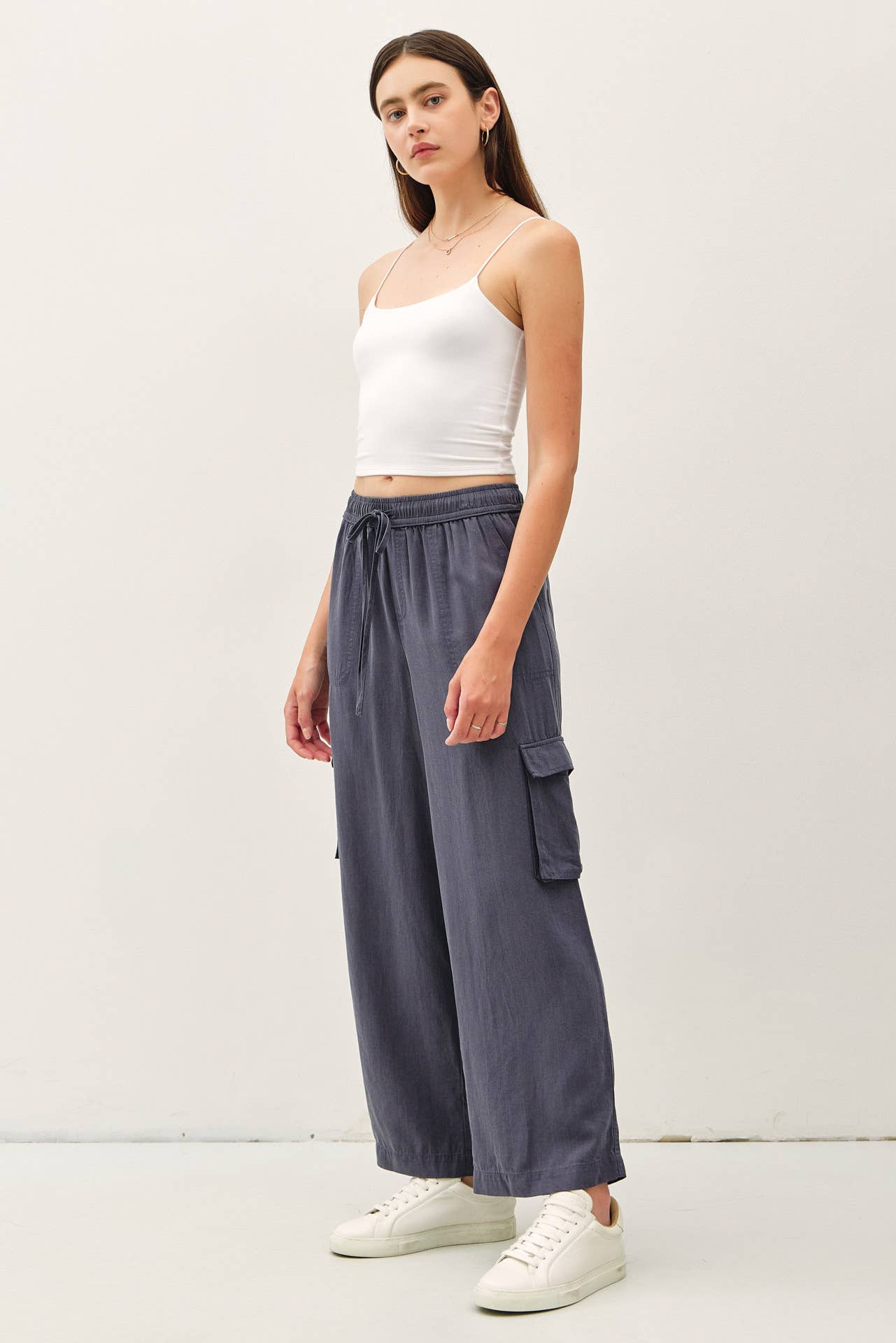 Tencel High Rise Drawstring Wide Leg Cargo Pant: