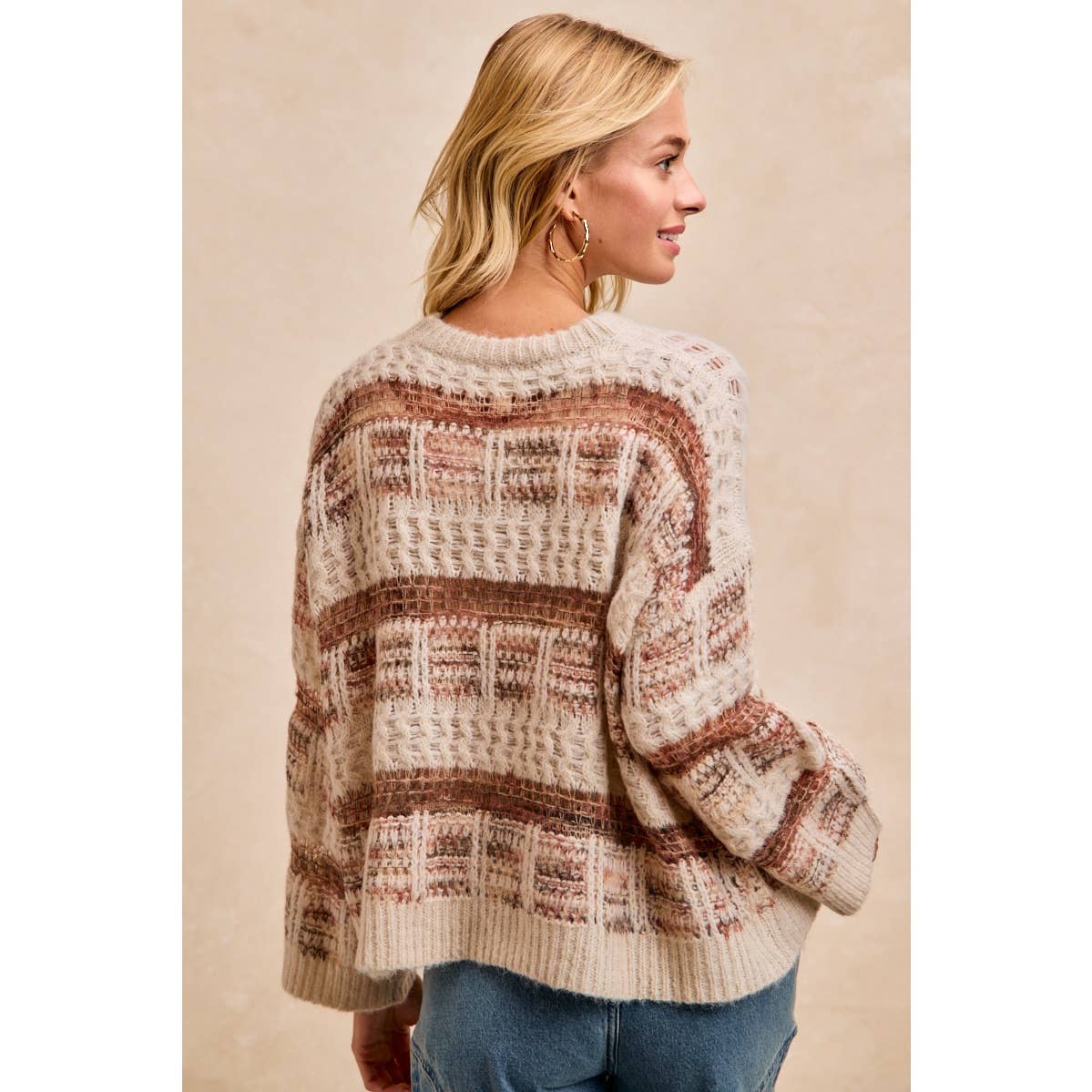 BiBi - VINTAGE SOFT CHECK PATTERN CHUNKY KNIT SWEATER: MOCHA MULTI / XL