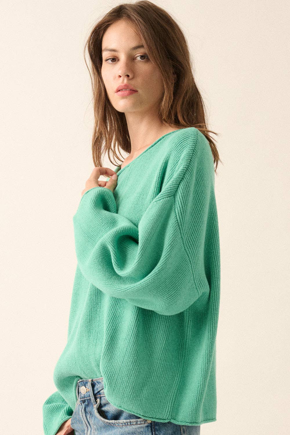 Solid Rib-Knit Oversized Boatneck Sweater : PINE GREEN