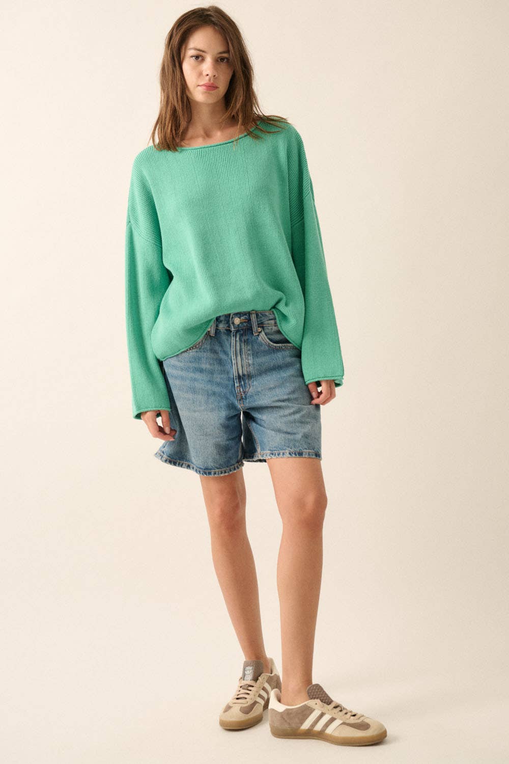 Solid Rib-Knit Oversized Boatneck Sweater : PINE GREEN
