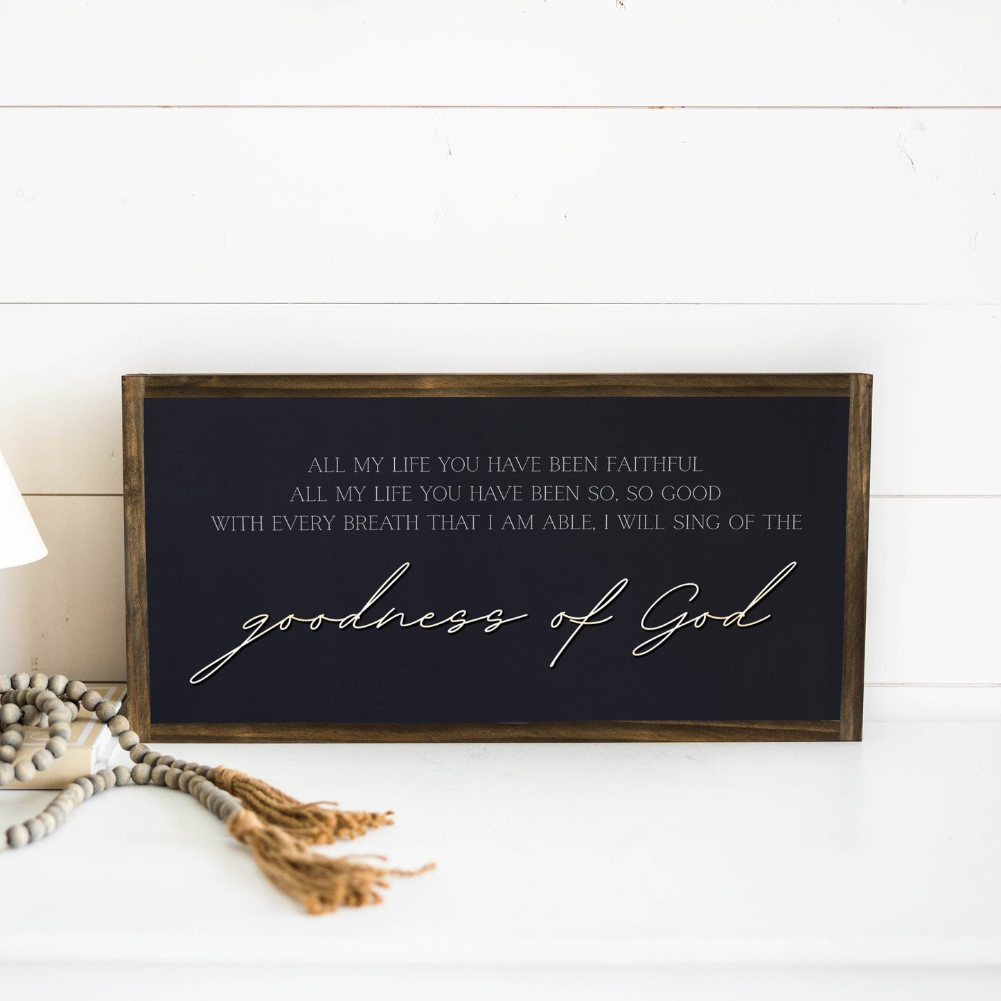 Goodness of God: Soft White-Black Text / Light Brown Frame / 45 inches by 23 inches