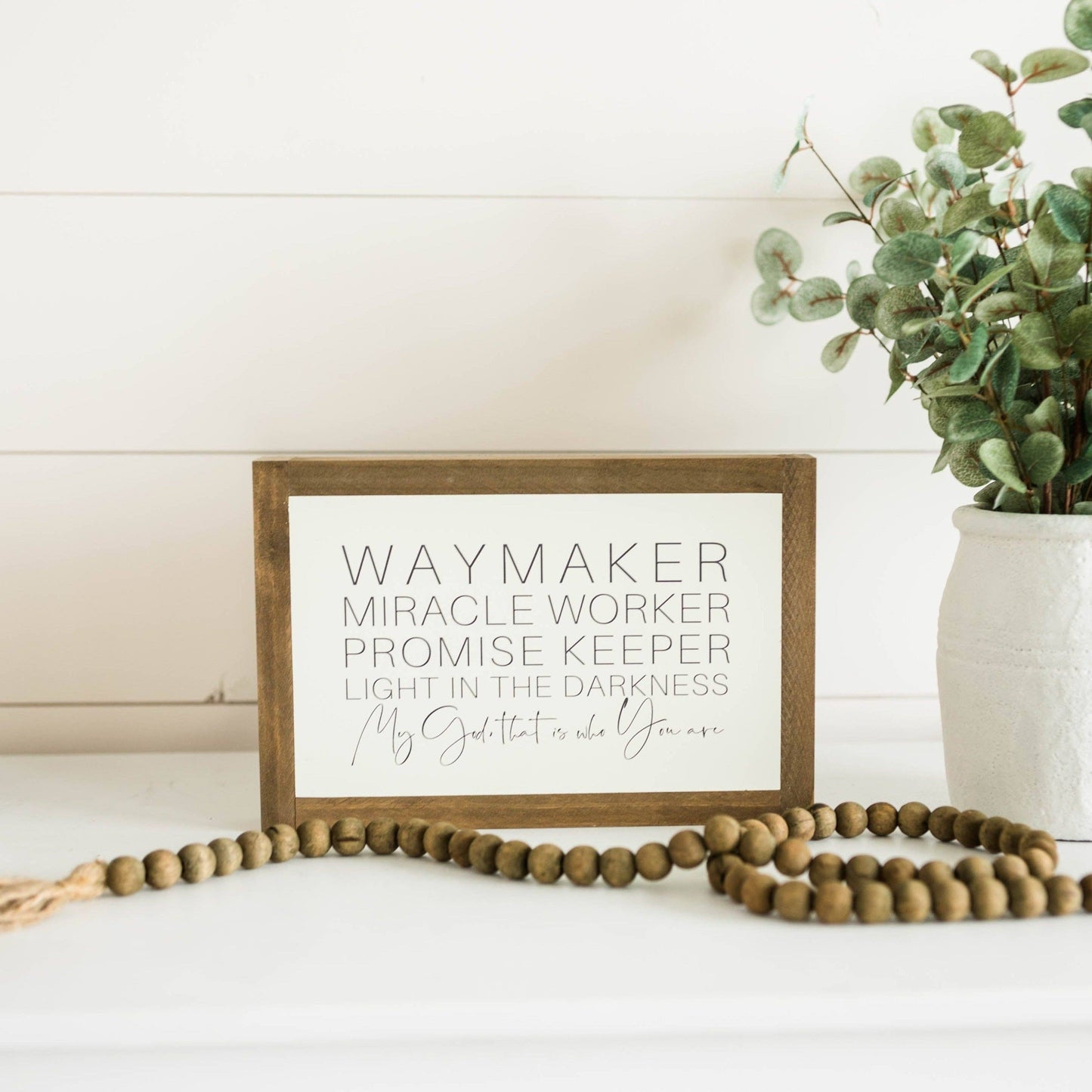 Waymaker | Wall Art: Soft White-Black Text / Light Brown Frame / 24 inches x 16 inches