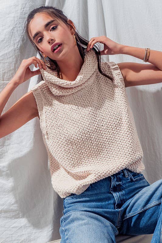 Sleeveless Cowl Neck Crochet Top: CREAM