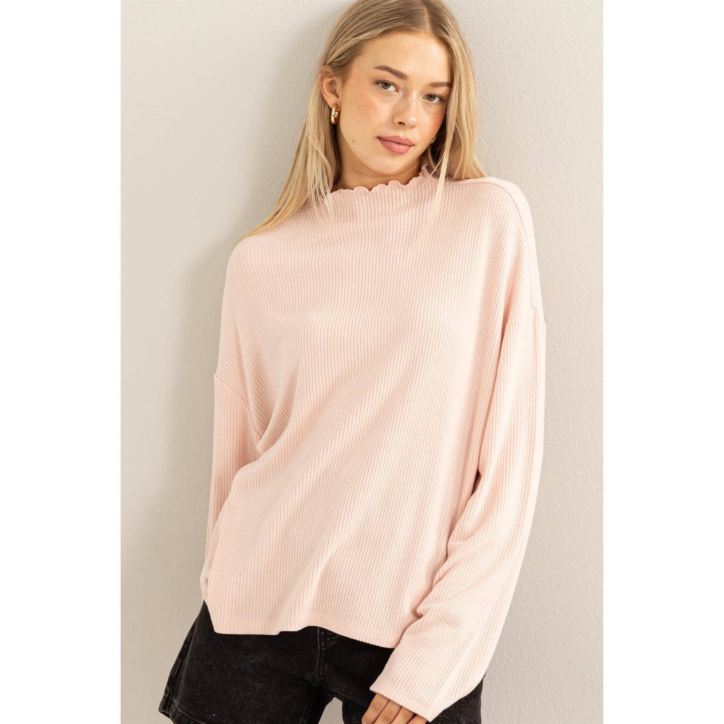 Oversized High Neck Top With Side Slit: DUSTY PINK
