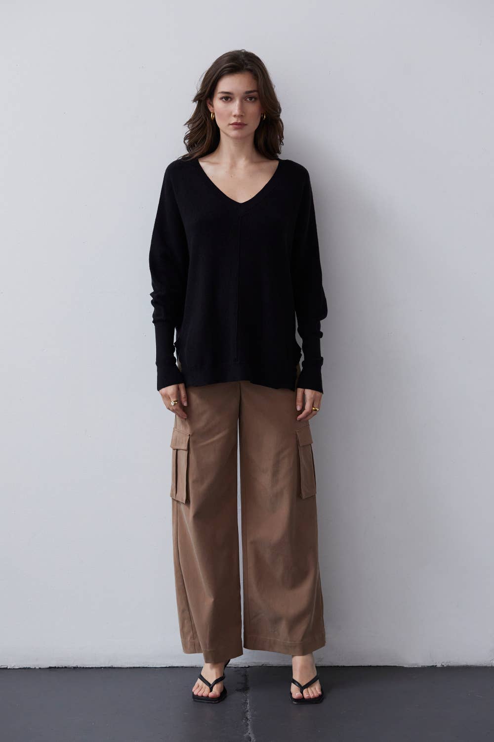 Monica V-neck Dolman Sweater Top: BLACK