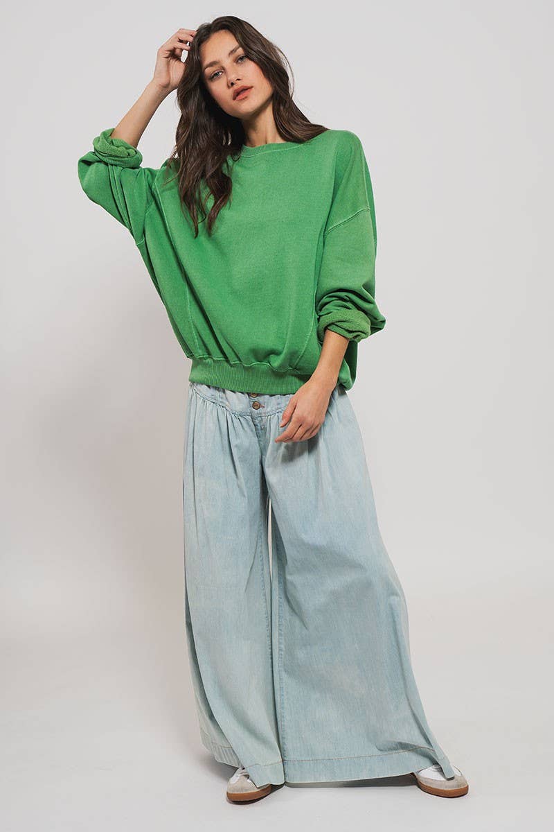 Crew Neck Comfort Washed Organic Cotton Spring Sweatshirt: CHALK