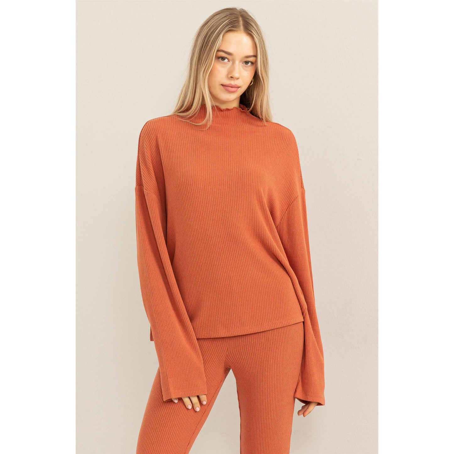 Oversized High Neck Top With Side Slit: DUSTY PINK