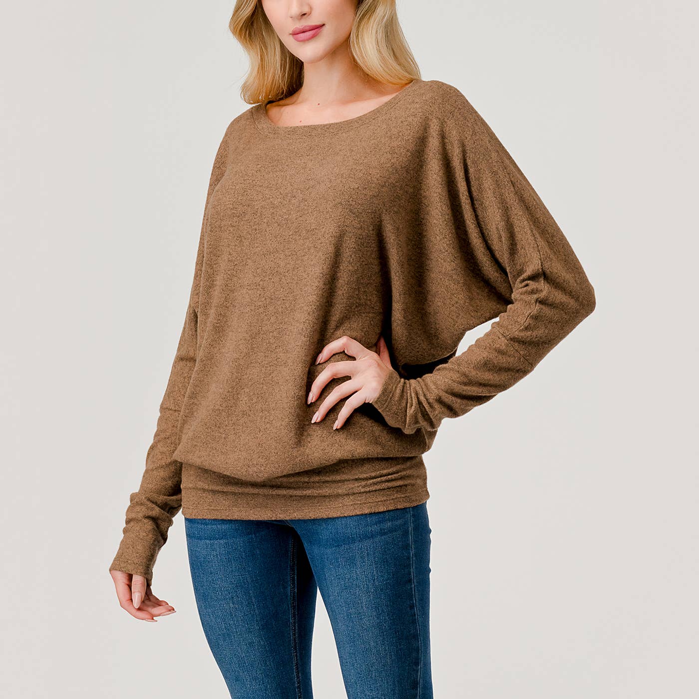 Heimious - Long Dolman Sleeve Round Neck Brushed Knit Top, 2739: Navy / S