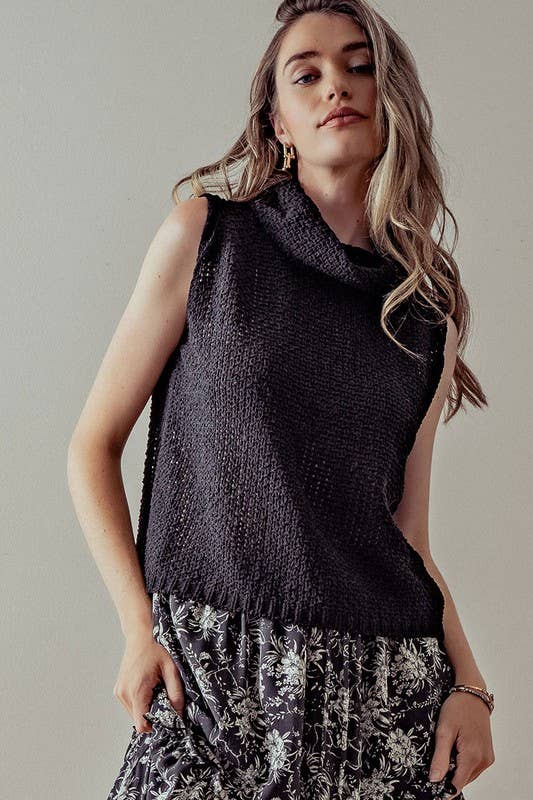 Sleeveless Cowl Neck Crochet Top: CREAM