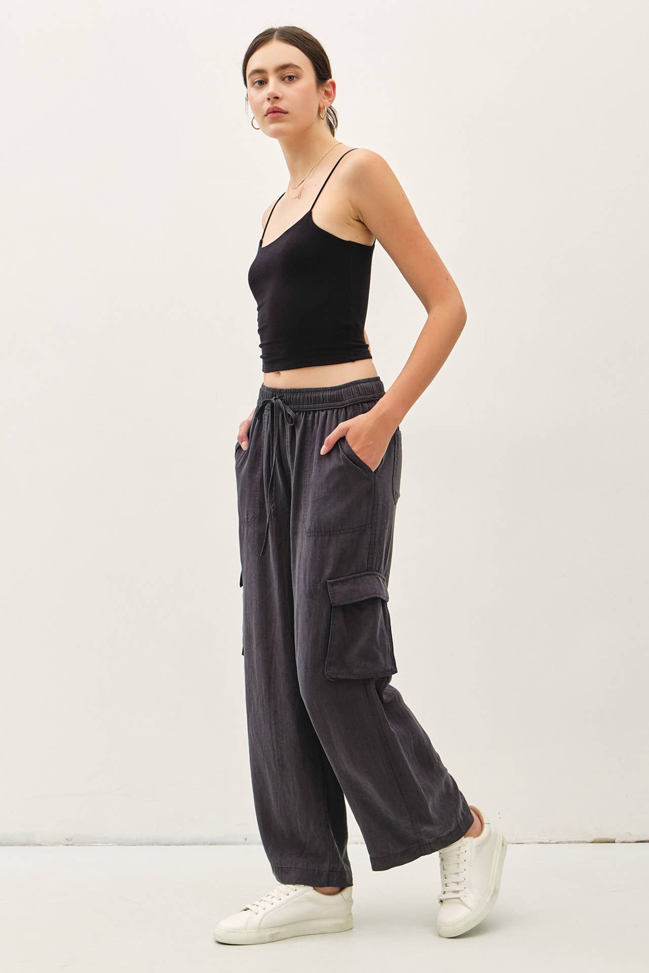 Tencel High Rise Drawstring Wide Leg Cargo Pant: