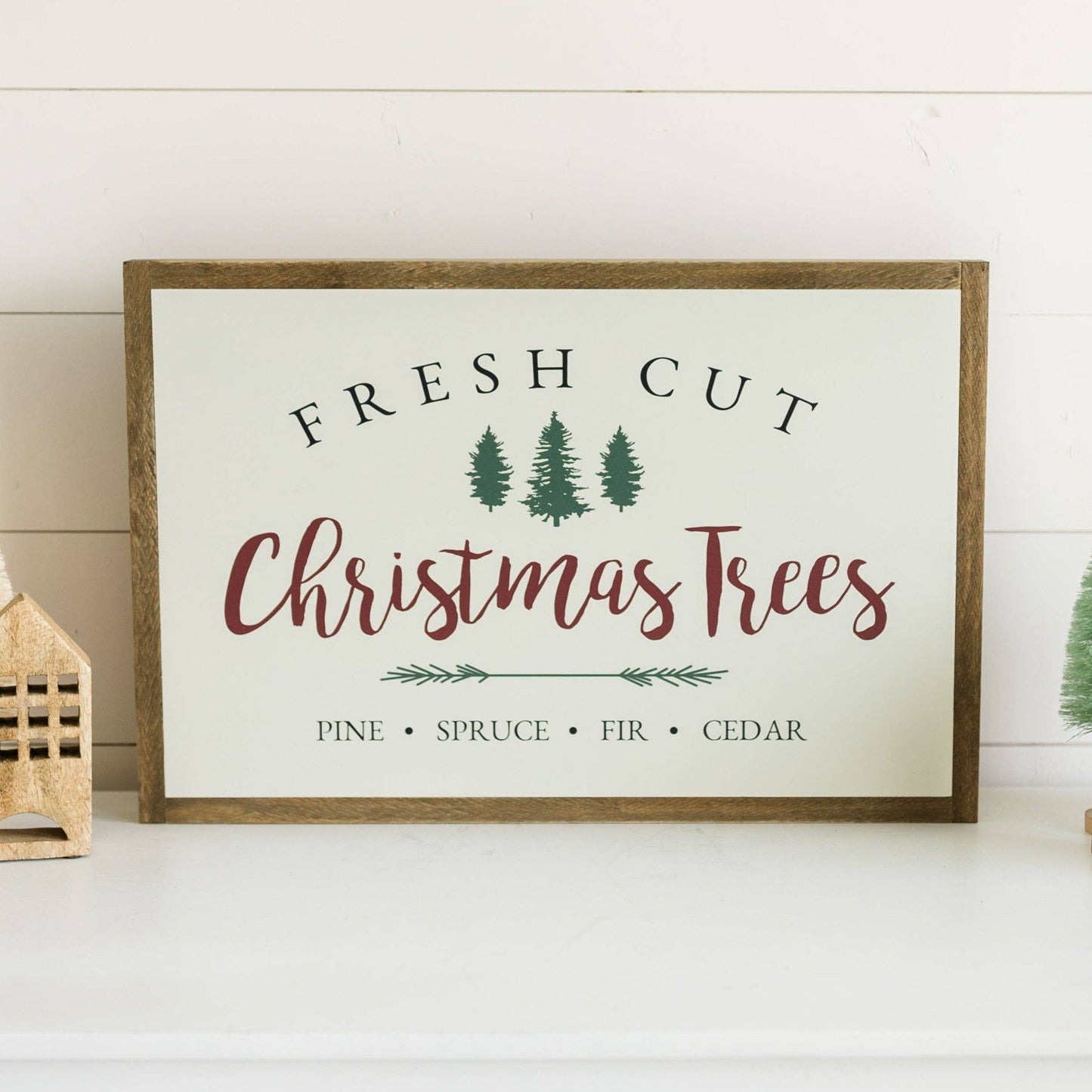 Fresh Cut Christmas Trees | Wall Art: Light Brown Frame / 12 inches x 8 inches