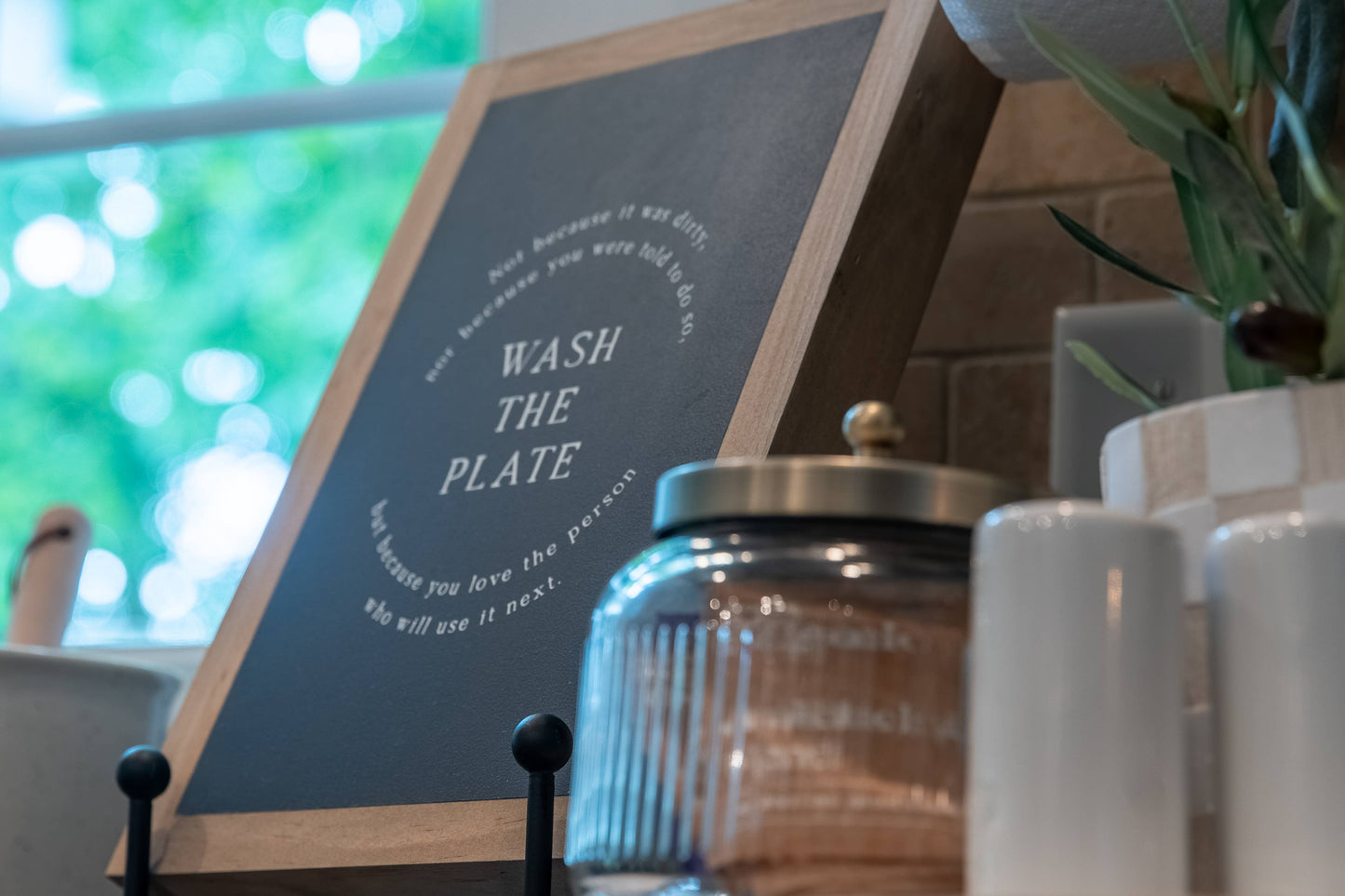 Wash the Plate | Wall Art: Black-White Text / Dark Brown Frame / 8 inches x 12 inches