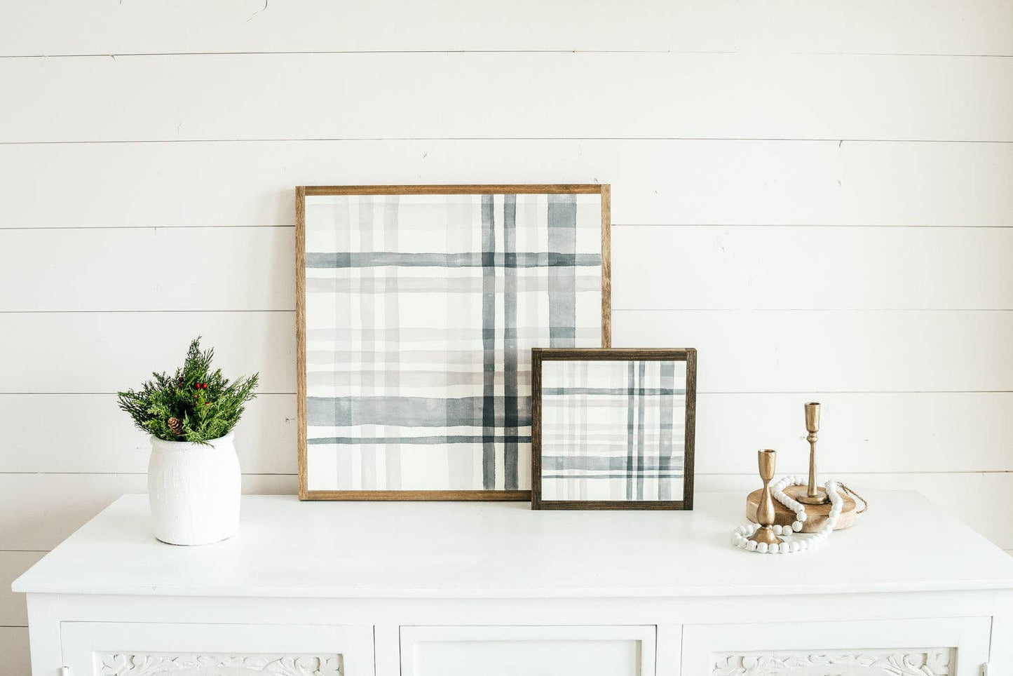 Plaid About You Festive or Gray | Fine Art: Festive / Light Brown Frame / 24 inches x 24 inches