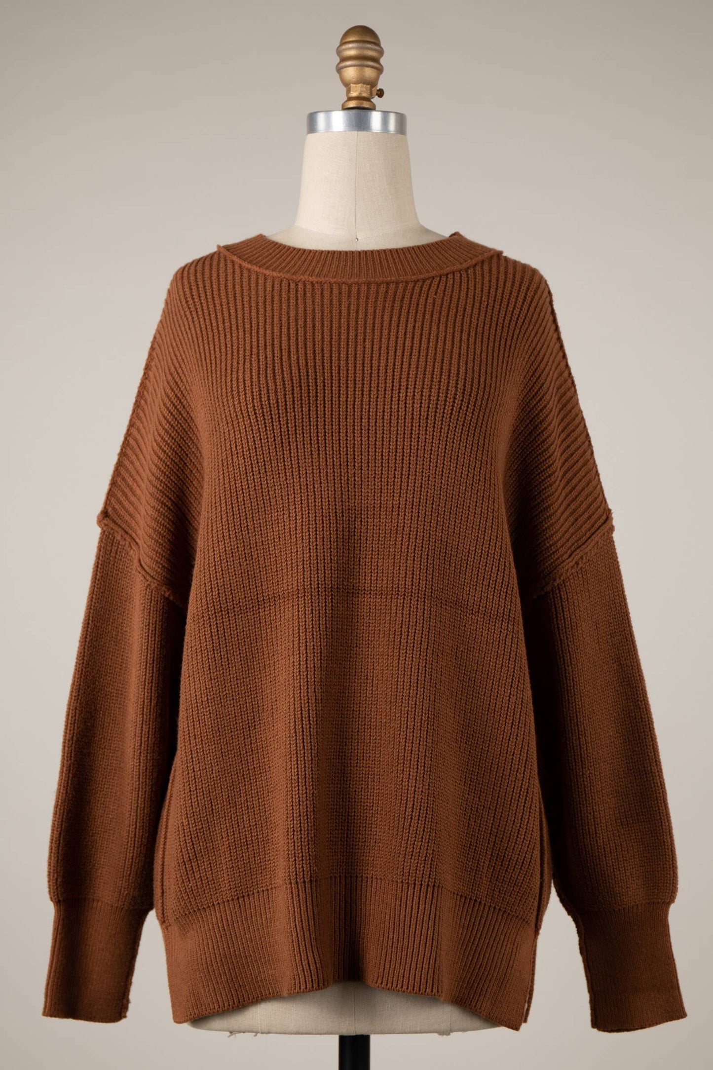 Neutral Oversized Ribbed Knit Sweater Top: BLACK