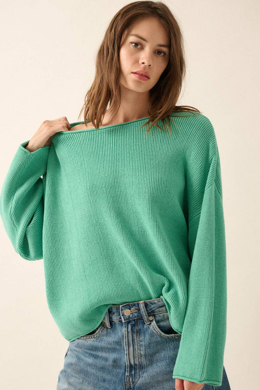 Solid Rib-Knit Oversized Boatneck Sweater : PINE GREEN