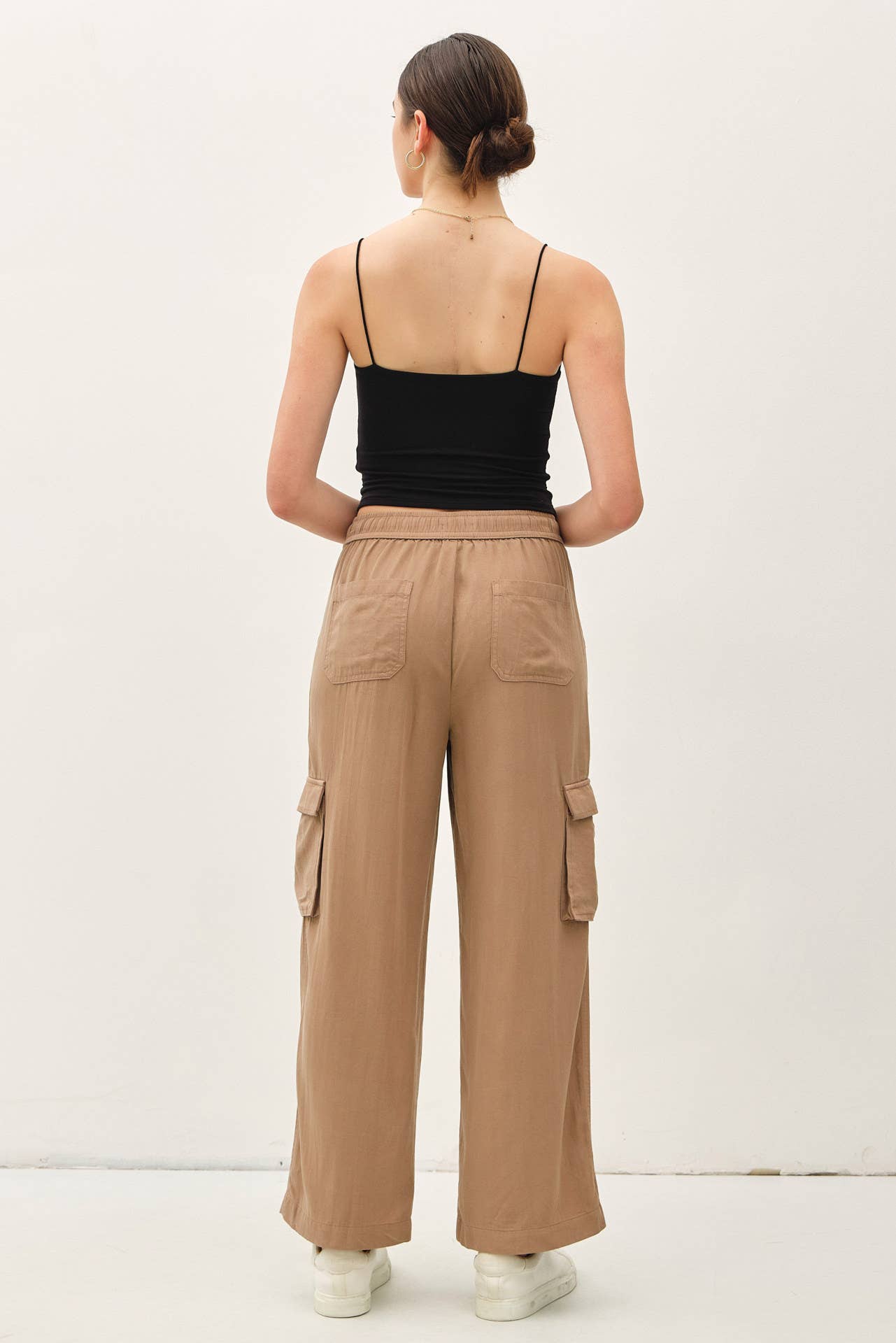 Tencel High Rise Drawstring Wide Leg Cargo Pant: