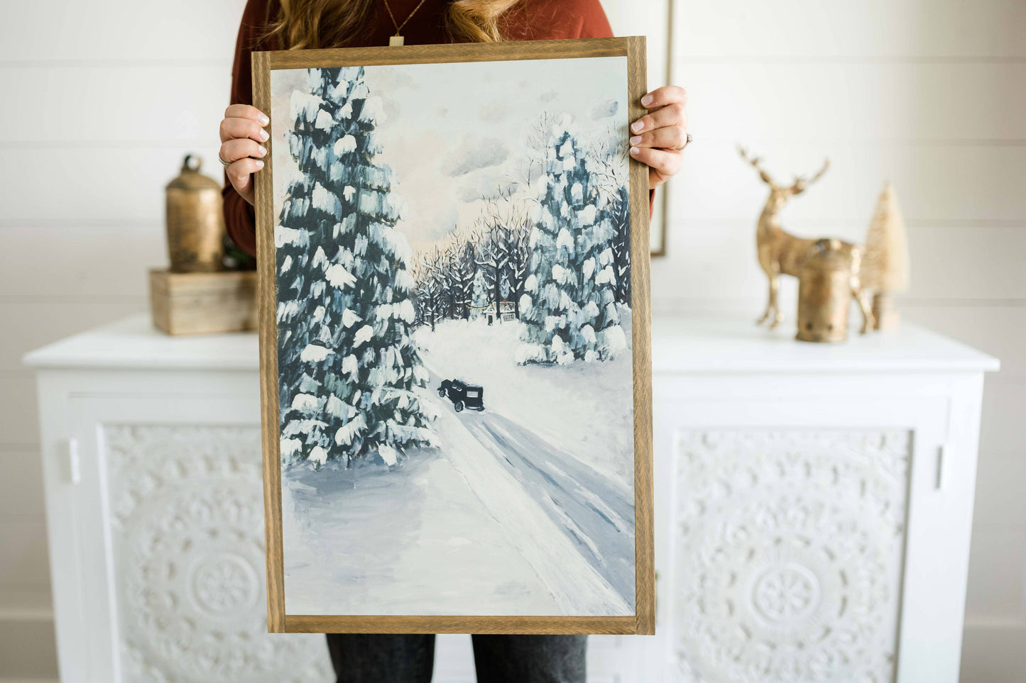 The Cottage After a Snowfall | Fine Art: Light Brown Frame / 16 inches x 24 inches