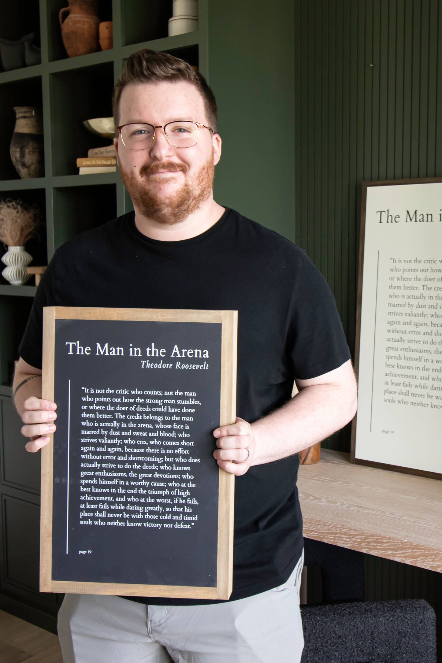 The Man in the Arena | Wall Art: Soft White-Black Text / Light Brown / 16 inches x 24 inches