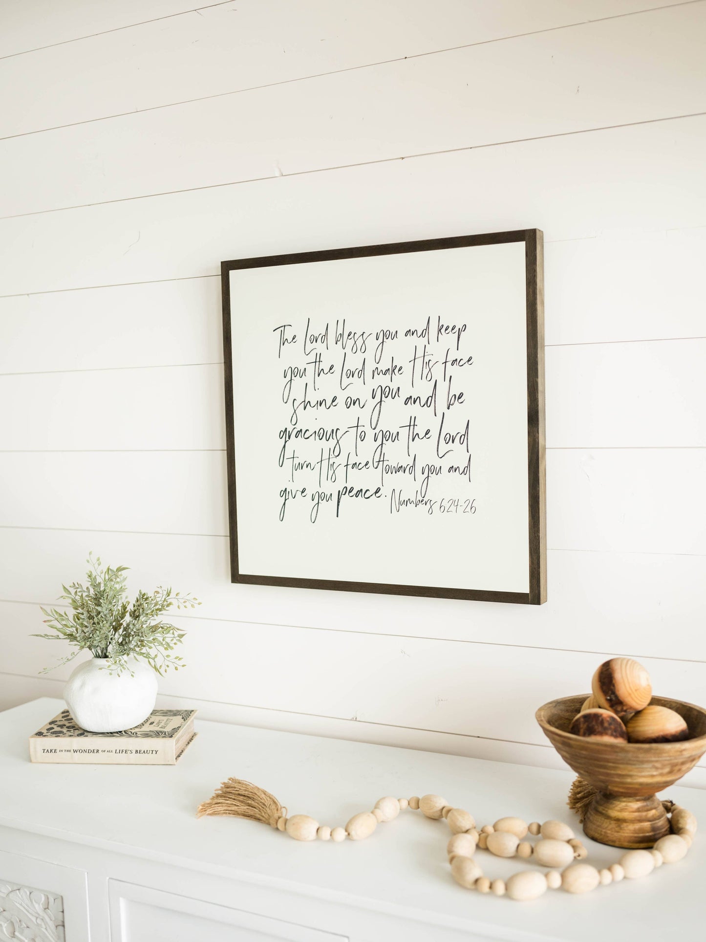 The Lord Bless You | Wall Art: Soft White-Black Text / Dark Brown Frame / 24 inches x 24 inches