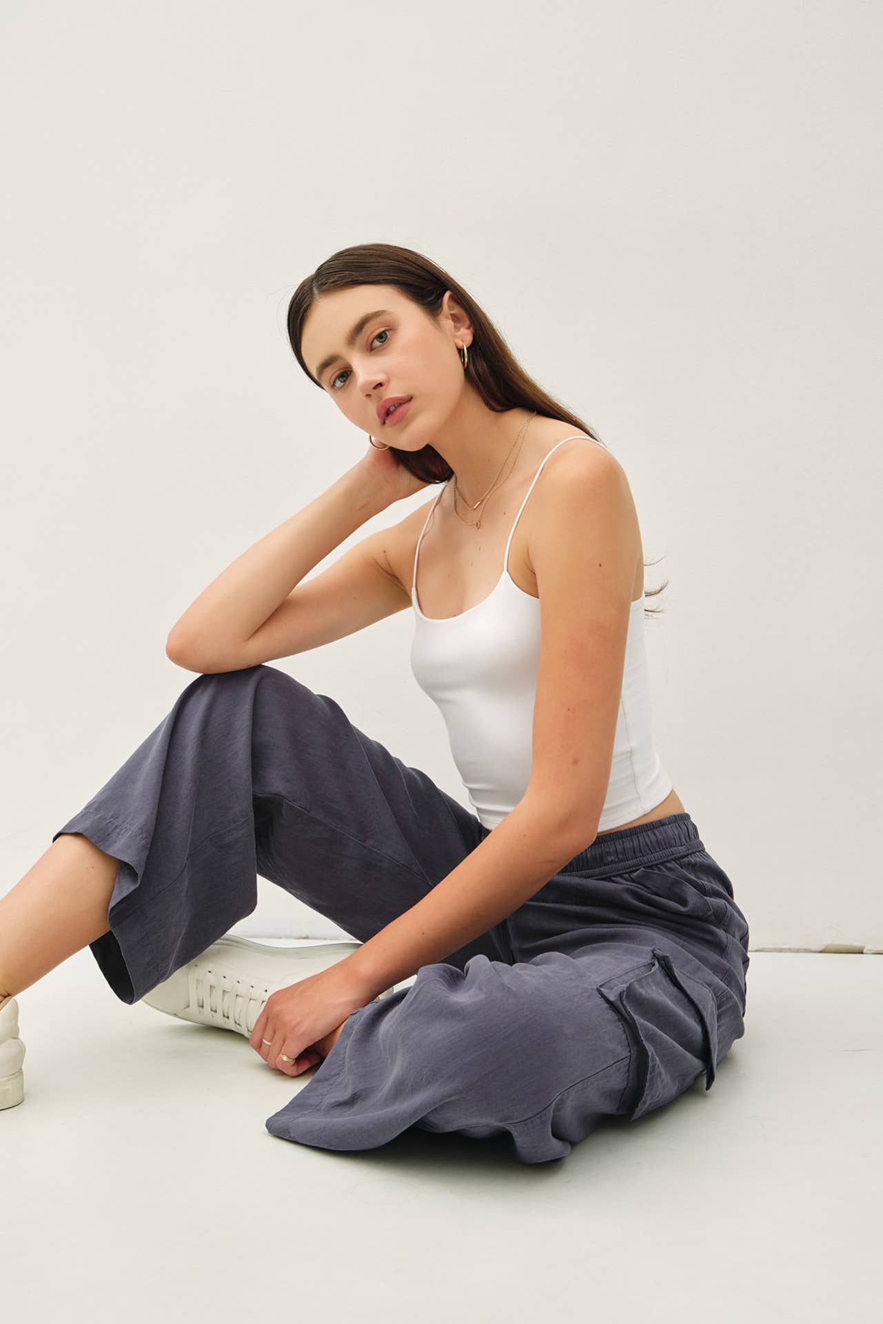 Tencel High Rise Drawstring Wide Leg Cargo Pant: