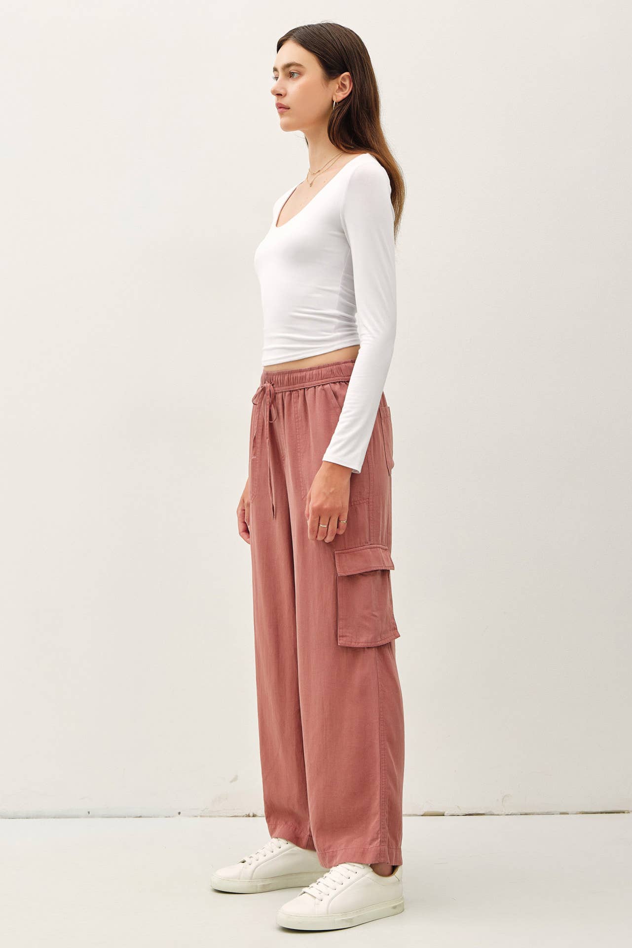 Tencel High Rise Drawstring Wide Leg Cargo Pant: