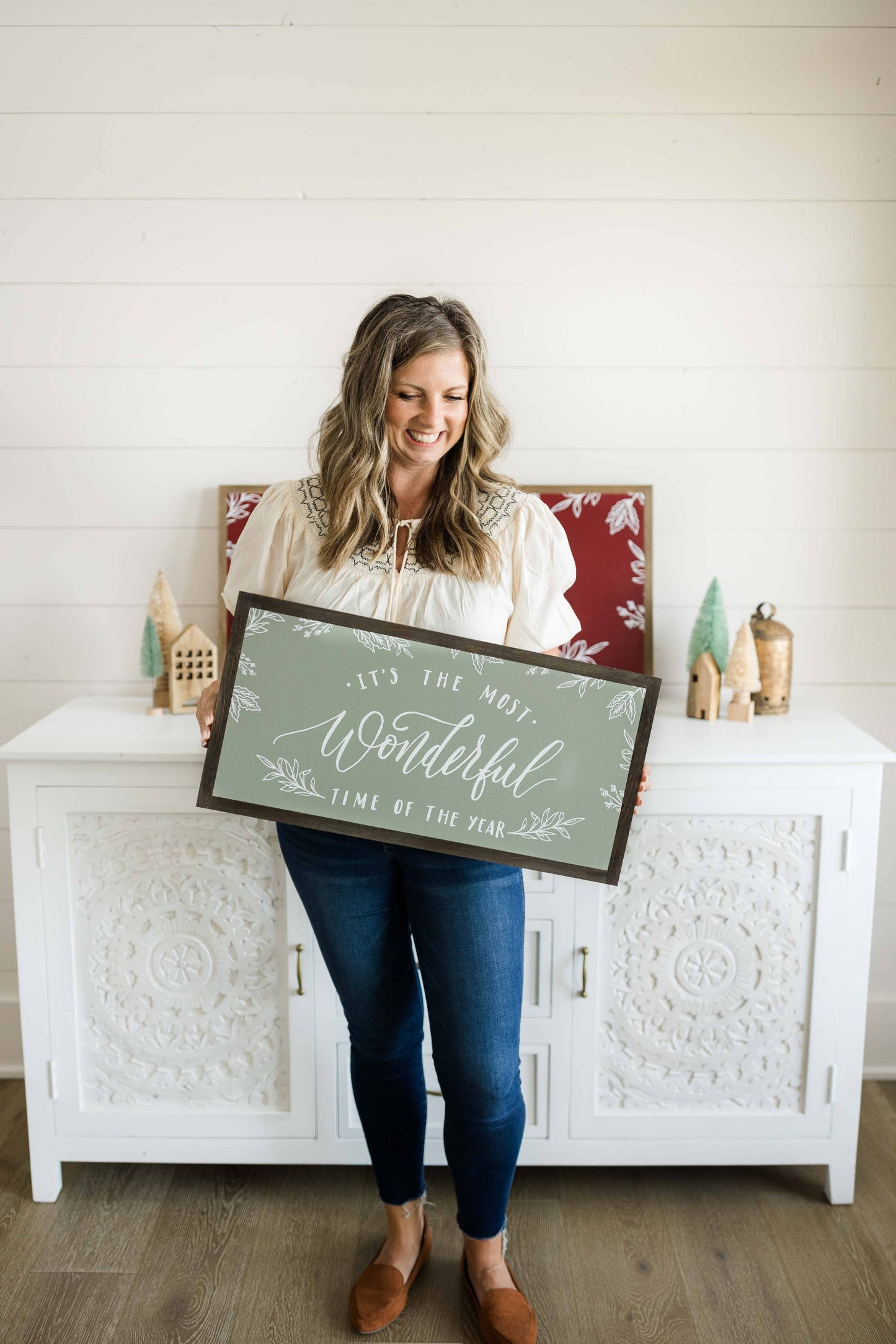 Joyfully Said - It's the Most Wonderful Time of the Year | Wall Art: Red / Light Brown Frame / 36 inches x 18 inches