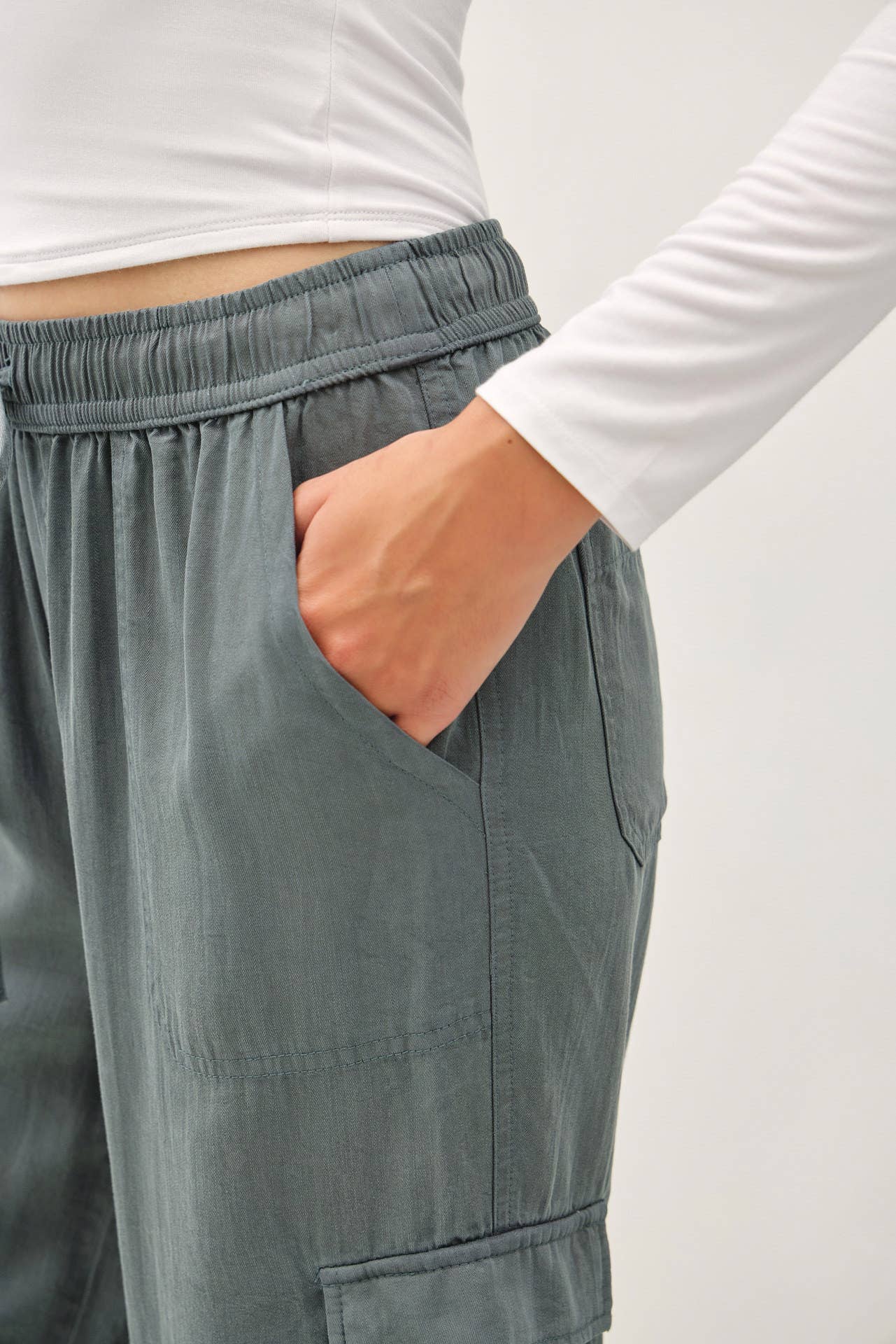 Tencel High Rise Drawstring Wide Leg Cargo Pant: