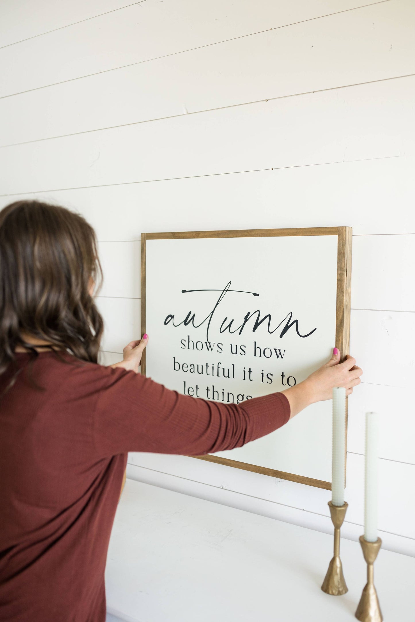 Autumn Shows Us | Wall Art: Soft White-Black Text / Dark Brown Frame / 24 inches x 24 inches