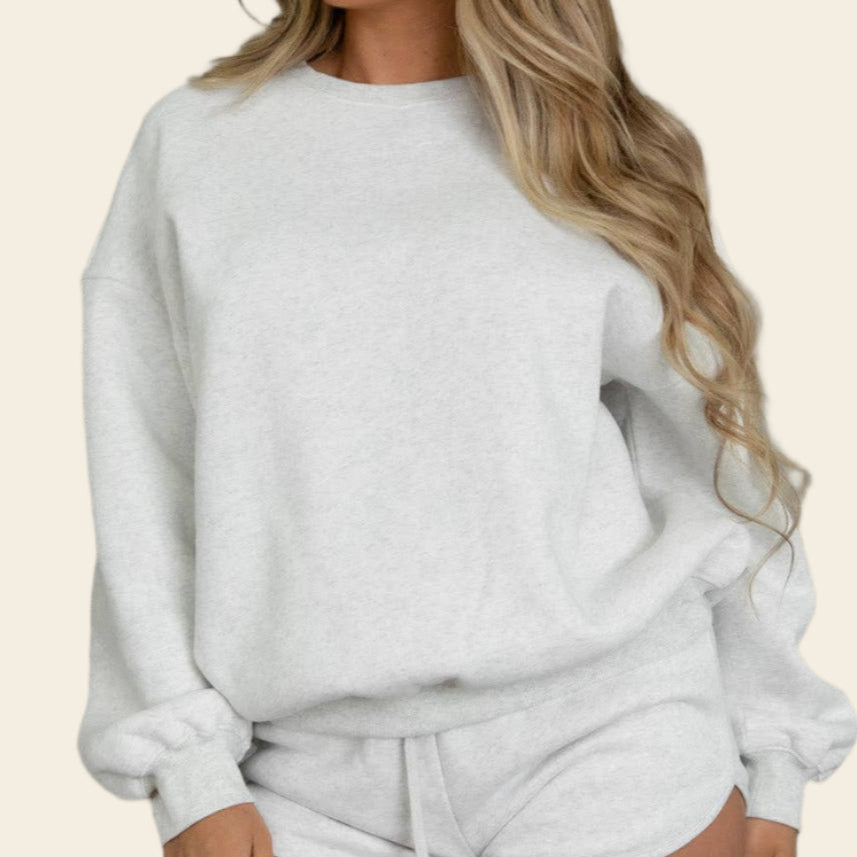 Extended Size- Fleece Crew Neck Pullover Sweatshirt: WHITE