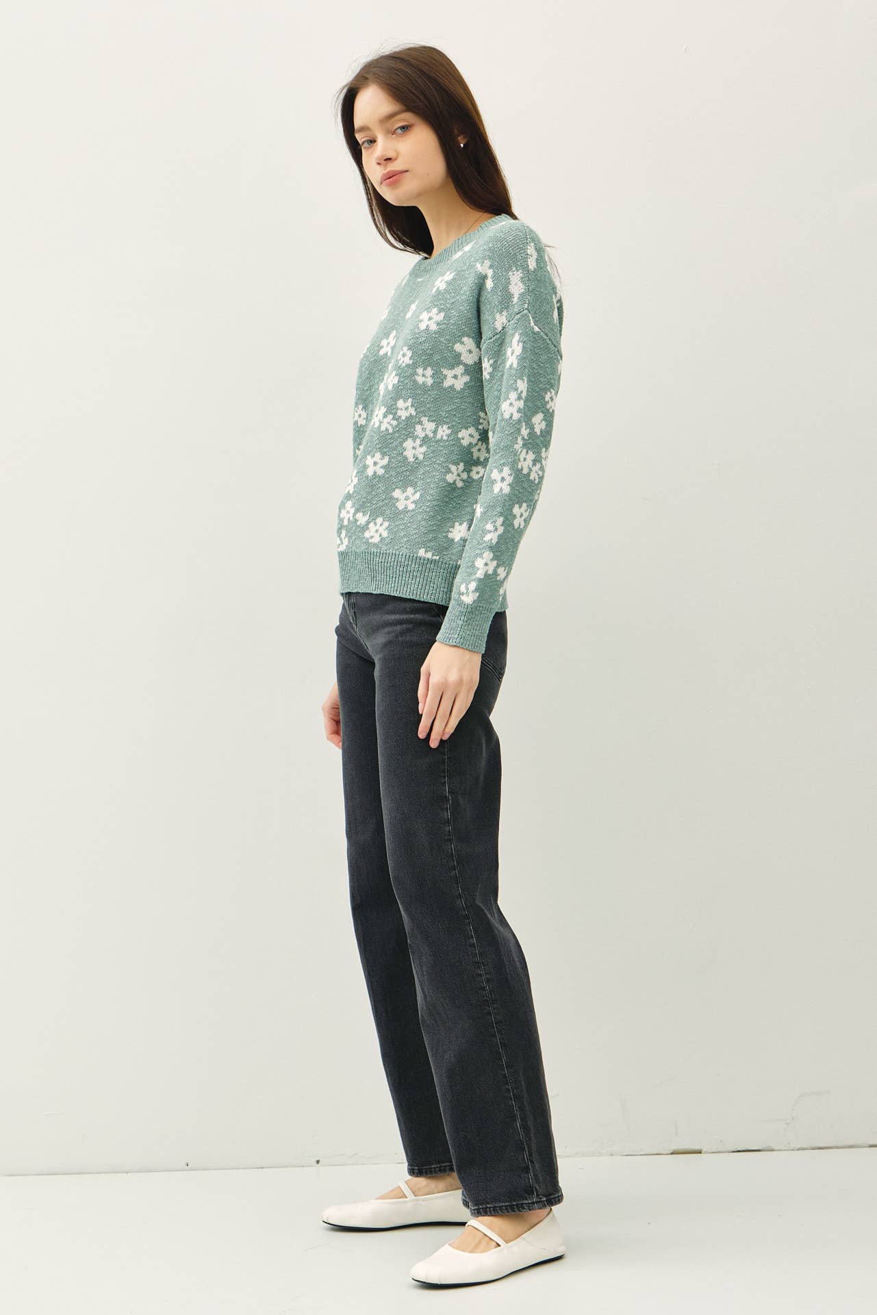 Floral Sweater Top: SEA GREEN