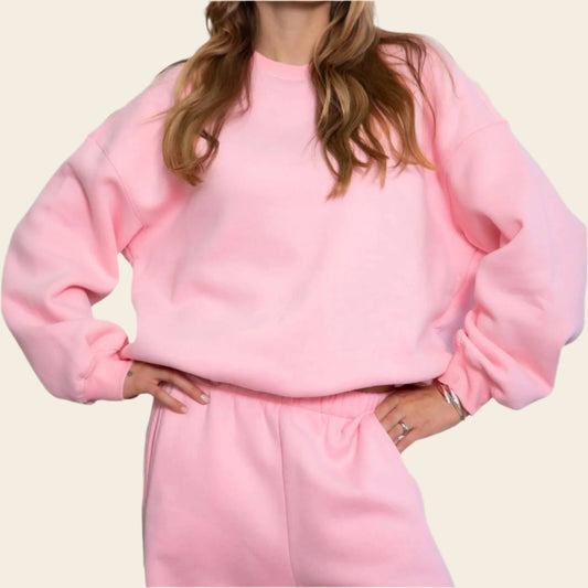 Varsity Fleece Crew Neck Pullover Sweatshirt: BLUSH