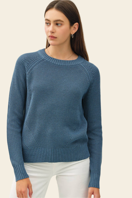 Crew Neck Pullover Sweater w Crochet Detailing: Teal Blue
