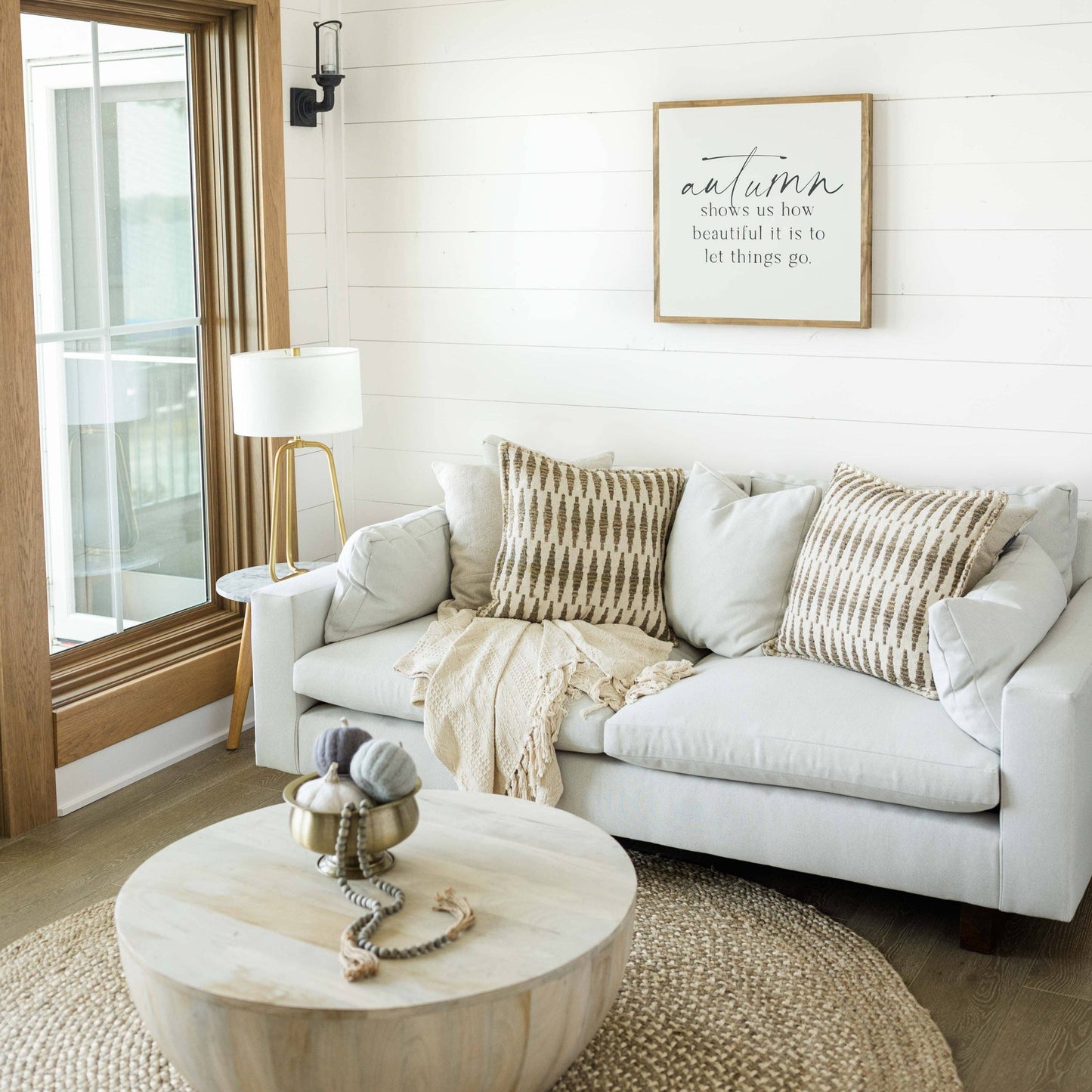 Autumn Shows Us | Wall Art: Soft White-Black Text / Light Brown Frame / 12 inches x 12 inches