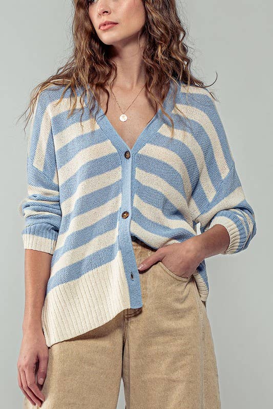 Cozy and Free Striped Cardigan: SKY BLUE/CREAM