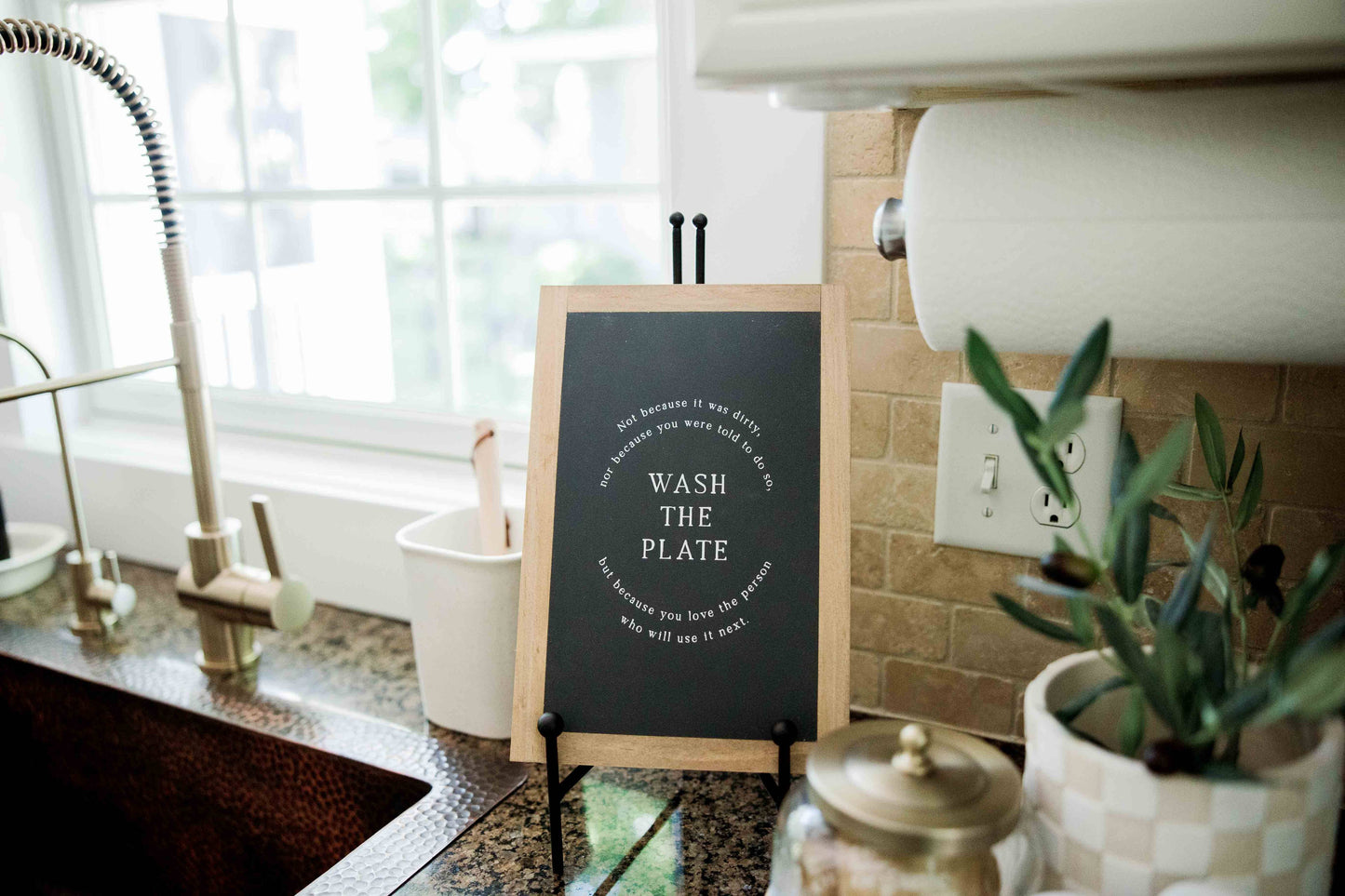Wash the Plate | Wall Art: Black-White Text / Dark Brown Frame / 8 inches x 12 inches