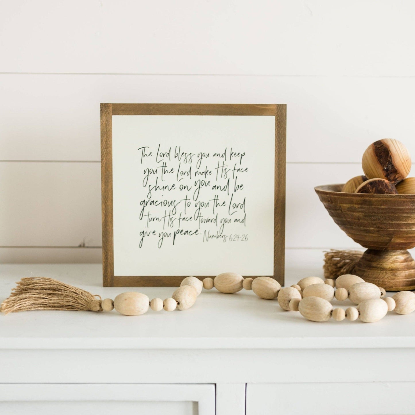 The Lord Bless You | Wall Art: Soft White-Black Text / Dark Brown Frame / 24 inches x 24 inches