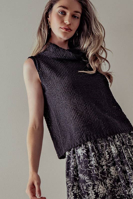 Sleeveless Cowl Neck Crochet Top: CREAM