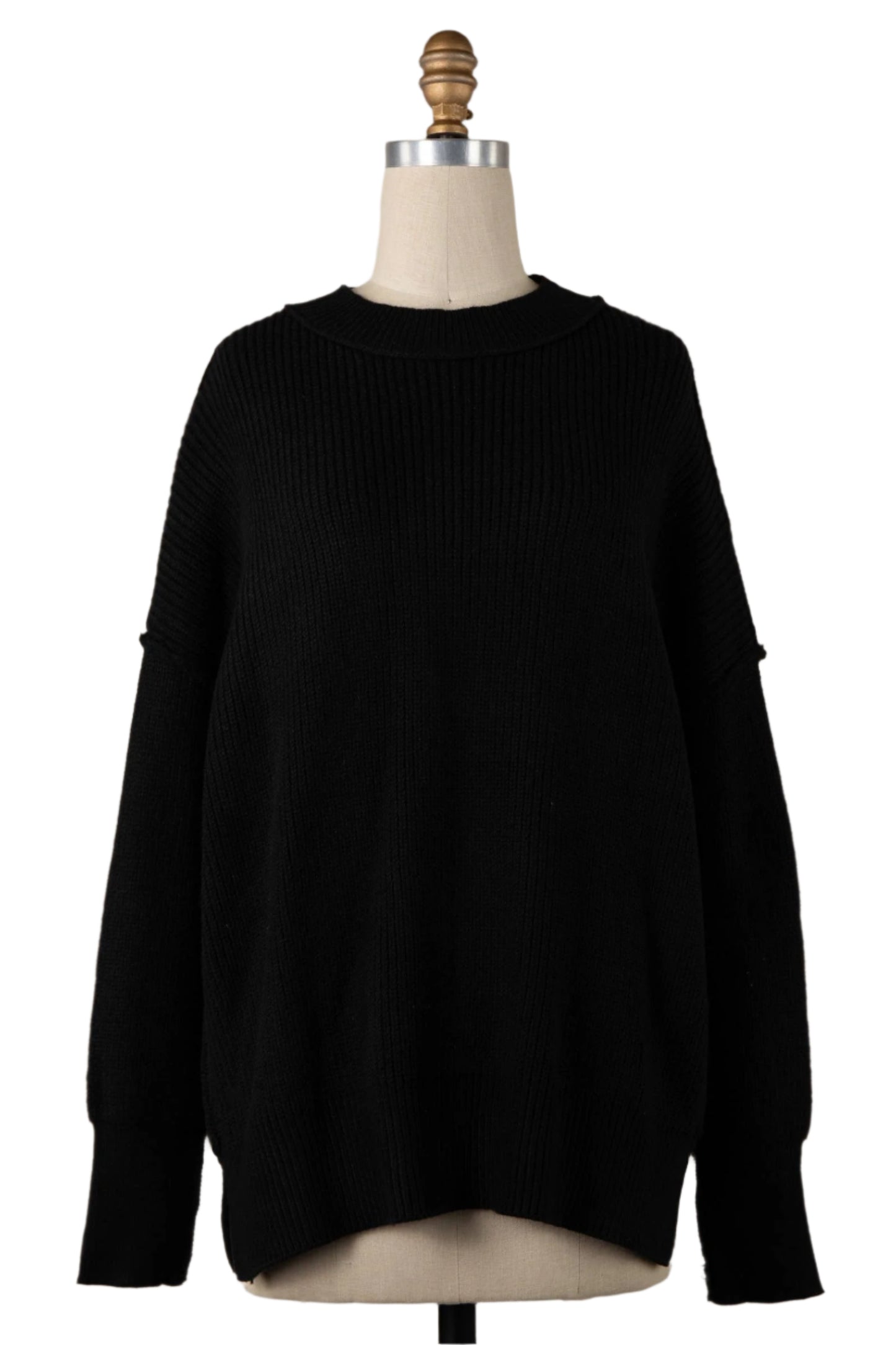 Neutral Oversized Ribbed Knit Sweater Top: BLACK