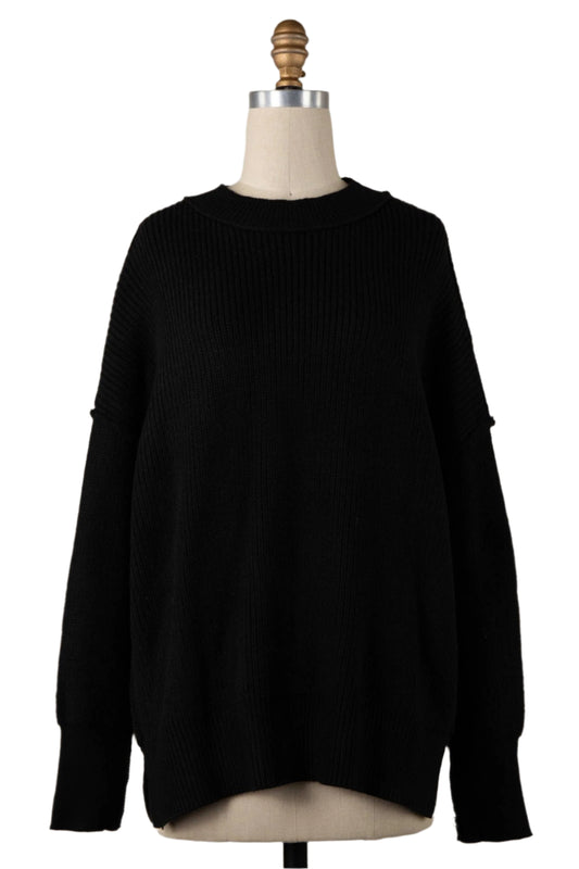 Neutral Oversized Ribbed Knit Sweater Top: BLACK
