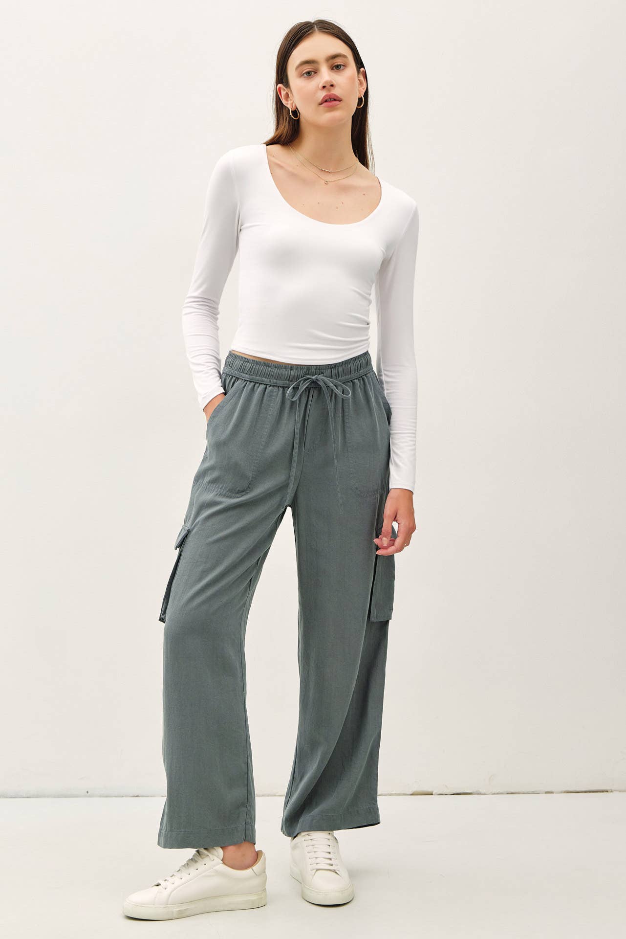 Tencel High Rise Drawstring Wide Leg Cargo Pant: