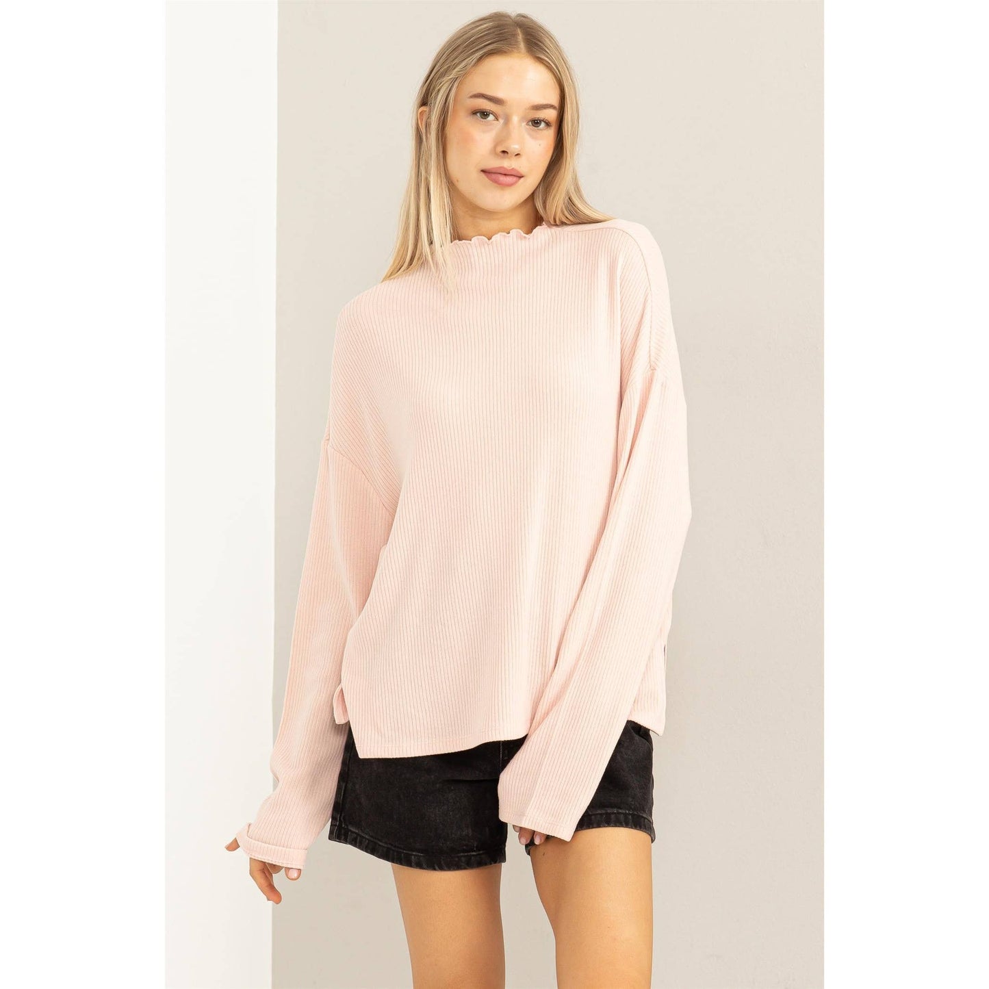 Oversized High Neck Top With Side Slit: DUSTY PINK