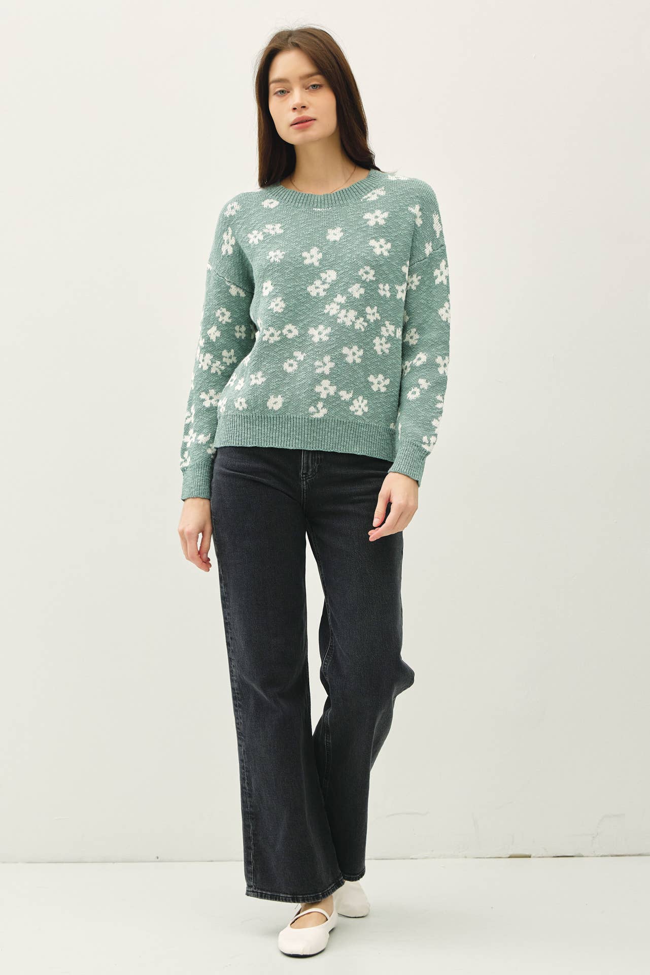 Floral Sweater Top: SEA GREEN